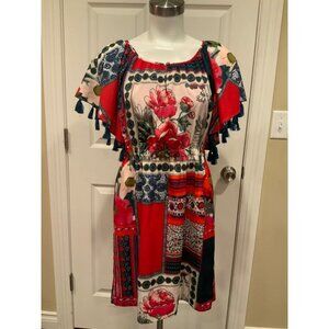 Vanessa Virginia Anthropologie Red Floral Mini Dress w/ Tassel Sleeve, Size XS